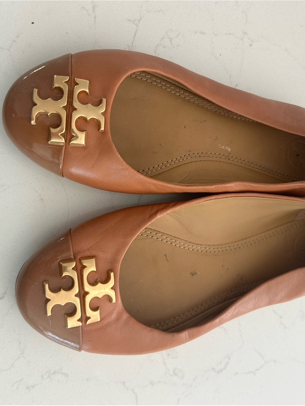 Tory Burch Cognac Leather Ballet Flats with Gold Logo